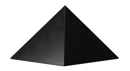 A stark black pyramid isolated against a white background showing sharp edges and geometric precision design