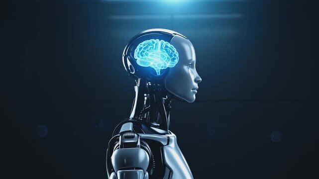 vertical. Humanoid robot with glowing digital brain inside head profile view. Futuristic artificial intelligence and cybernetic concept. Studio shot on dark background. Design for poster, banner, wall