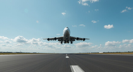 A large airplane taking off from a runway with a clear blue sky and scattered clouds overhead today