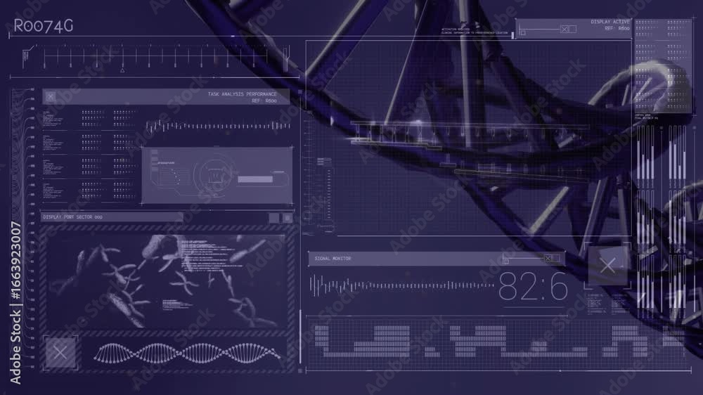 Poster on start dna helix rotating and panning while ui panels update metrics showing genetic analysis