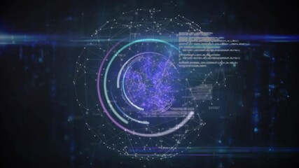 Wireframe globe emerging triggers nodes converging and rings rotating, visualizing data processing - Powered by Adobe
