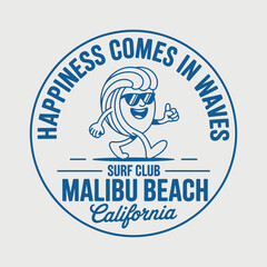 This vibrant graphic captures the spirit of surfing and beach life, featuring a cheerful character with sunglasses representing joy and adventure at Malibu Beach, California.