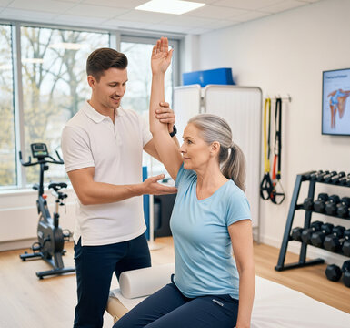 Physical therapist helping woman with arm exercise