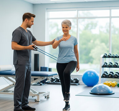 Physical therapist helping woman with arm exercise