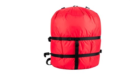 Fototapeta premium A vibrant red sleeping bag compression sack is prominently displayed against a pure white background.