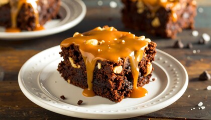 A rich, decadent brownie slice is drizzled with a warm caramel sauce, showcasing a delicious combination of flavors and textures.