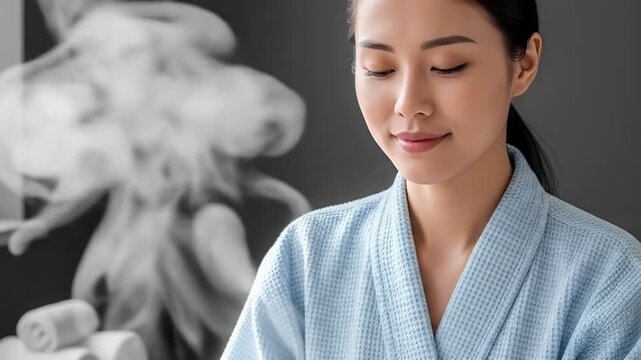 Close up Portrait of Serene Asian Woman in Light Blue Bathrobe Enjoying Spa with Soft Smoke Background Showcasing Beauty and Relaxation Perfect for Spa and Beauty Ads