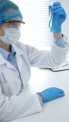 Medical science researcher wearing blue protective gear of cap, gloves and googles, is examining...