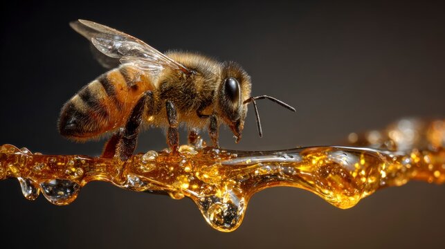 Honeybee on golden honey substance - Powered by Adobe