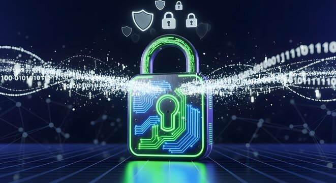 Secure data concept with a glowing green lock and binary code stream