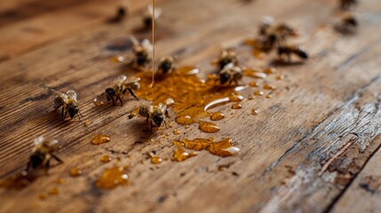 Honeybees feeding on spilled honey