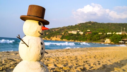 A whimsical snowman stands on a sandy beach, overlooking a tranquil ocean view.