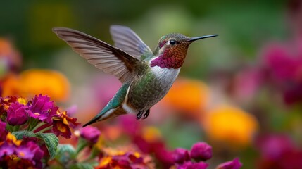 Naklejka premium Hummingbird in flight among flowers
