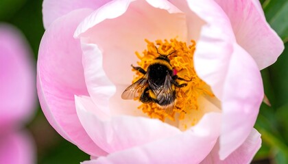 Close-up view of a bee collecting pollen from a delicate pink peony flower, showcasing intricate details of the insect and blossom.