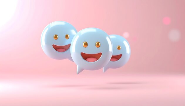 Three light blue, glossy speech bubbles with smiling faces float against a soft pink background, conveying a cheerful and positive communication theme.