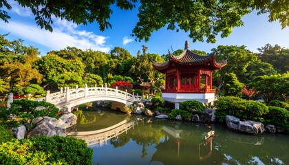 Serene Chinese Garden with Red Pagoda, White Bridge, and Tranquil Pond.