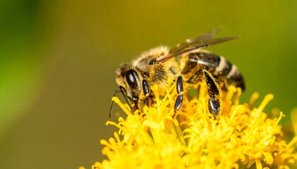 A close-up view of a honeybee meticulously collecting pollen from a vibrant yellow flower, showcasing the intricate details of its striped body and delicate wings against a soft, blurred background...