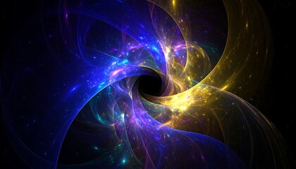 Vibrant swirling patterns of gold and blue hues create an abstract design, featuring dynamic lines and glowing points of light against a dark background.