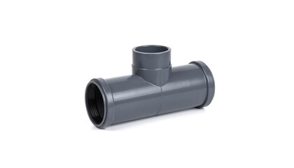 Gray plastic pipe fitting, a right angled tee, is isolated on a white background.