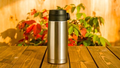 A stylish, metallic thermos bottle sits on a wooden table, with a blurred background of autumnal foliage.