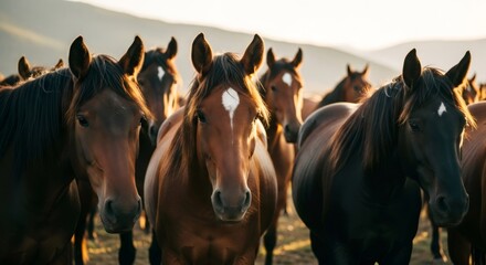 Herd of brown horses with white blazes on foreheads standing in a field at sunset. Wild animal life for nature and equestrian concept.
