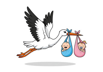 Stork bird carrying twin babies. Boy and girl in pink and blue bundles, birth announcement vector icon. © PixelMuse