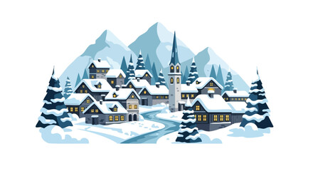 Idyllic winter wonderland scene of a snow-covered village nestled in the mountains offers a serene and peaceful atmosphere, perfect for holiday