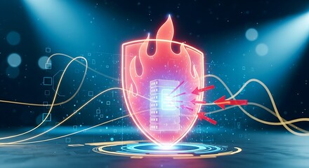 Network firewall and cybersecurity concept. A holographic shield of fire protects a server icon from red threat arrows trying to penetrate.