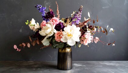 A vibrant bouquet of peonies, carnations, and other blossoms in a stylish dark vase, set against a textured gray backdrop.