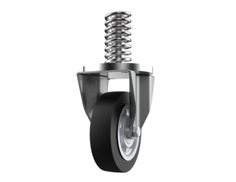 Heavy Duty Spring-Loaded Swivel Caster Wheel with Black Rubber Tire and Threaded Stem for Industrial Equipment Isolation and Machinery Mobility. High-Resolution 3D Render on Transparent PNG Background