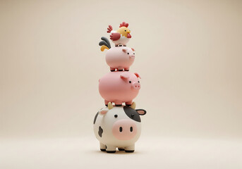  Cute 3D cartoon farm animals stacked in a tower