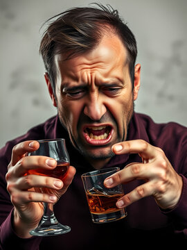 A distressed man grappling with alcohol addiction, his expression fraught with despair, clutches a glass of liquor, symbolizing the struggle and pain of dependency.