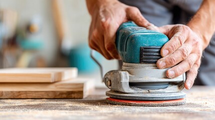 Hands using a random orbital sander on wood.