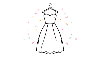 Elegant line drawing of a wedding dress, accented by pastel confetti, conveys a sense of joy and celebration.