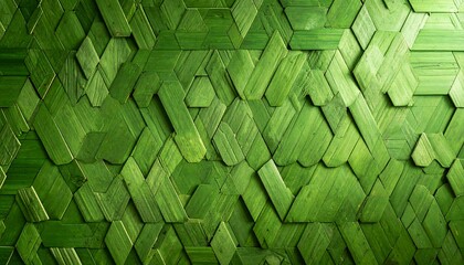 A vibrant green patterned surface, showcasing an intricate design of interlocking shapes. The interplay of lines and planes creates a visually engaging texture.