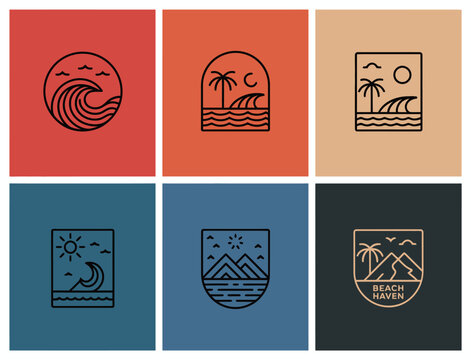 This evocative image features a collection of minimalist graphics that evoke a serene beach scene, with waves rolling in and palm trees swaying against a sunset backdrop.