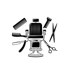 A classic illustration of a barber chair surrounded by tools.