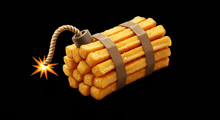 A stack of french fries styled as a bomb with a lit fuse on a dark black colored background scene