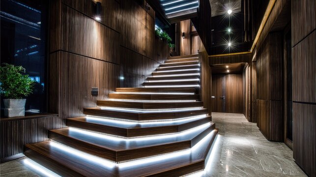 Modern wooden staircase with accent lighting.