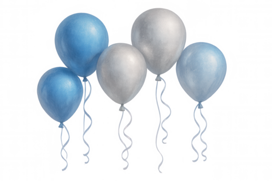 Metallic blue and silver balloons floating weightlessly, trailing curling ribbons against clear backdrop, conveying celebratory mood