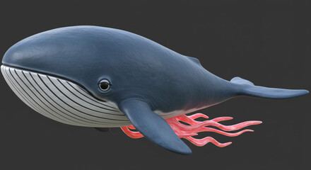 A blue whale with white stripes on its throat and pink tentacles emerging from underneath its body
