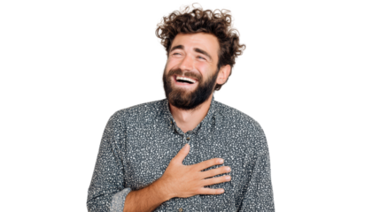 A joyful man laughing heartily, expressing happiness and warmth, perfect for themes of positivity.