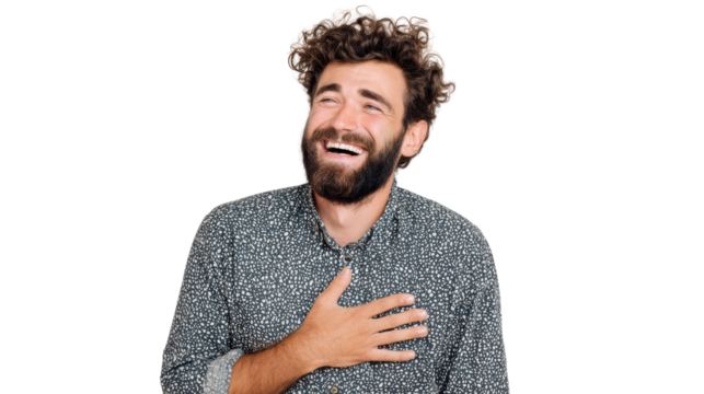 A joyful man laughing heartily, expressing happiness and warmth, perfect for themes of positivity.