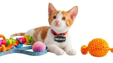 Orange and white kitten lying down with toys and collar with tag on a black background in studio shot