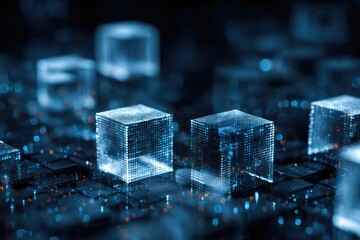 Abstract digital cubes on a dark circuit board.  Glowing, translucent cubes with intricate light patterns hover above a complex, dark, circuit board