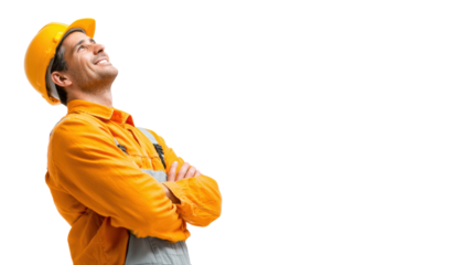 Cheerful construction worker in orange uniform smiling against a white isolate background.
