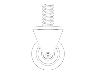 orthogonal wireframe blueprint of an industrial caster wheel with spring, a minimalist line art illustration for mechanical engineering and product design, highlighting a crucial mobility component.