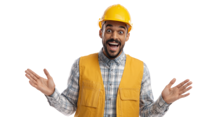 Cheerful construction worker with a yellow hard hat and vest, showing excitement in a professional setting.