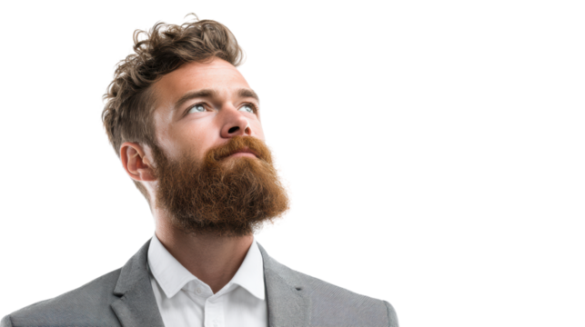 Businessman with beard looking upwards, isolated on white background, thoughtful expression