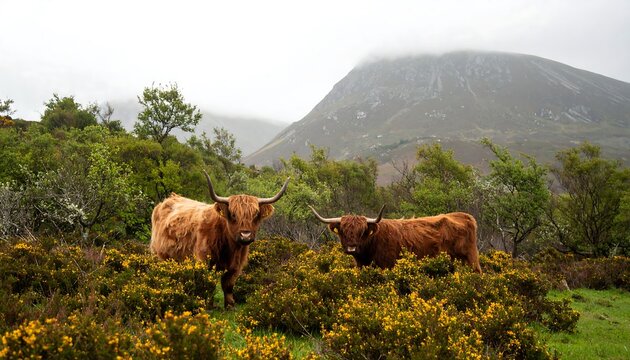 Two Highland cattle stand amidst a vibrant landscape of wildflowers and rolling hills.